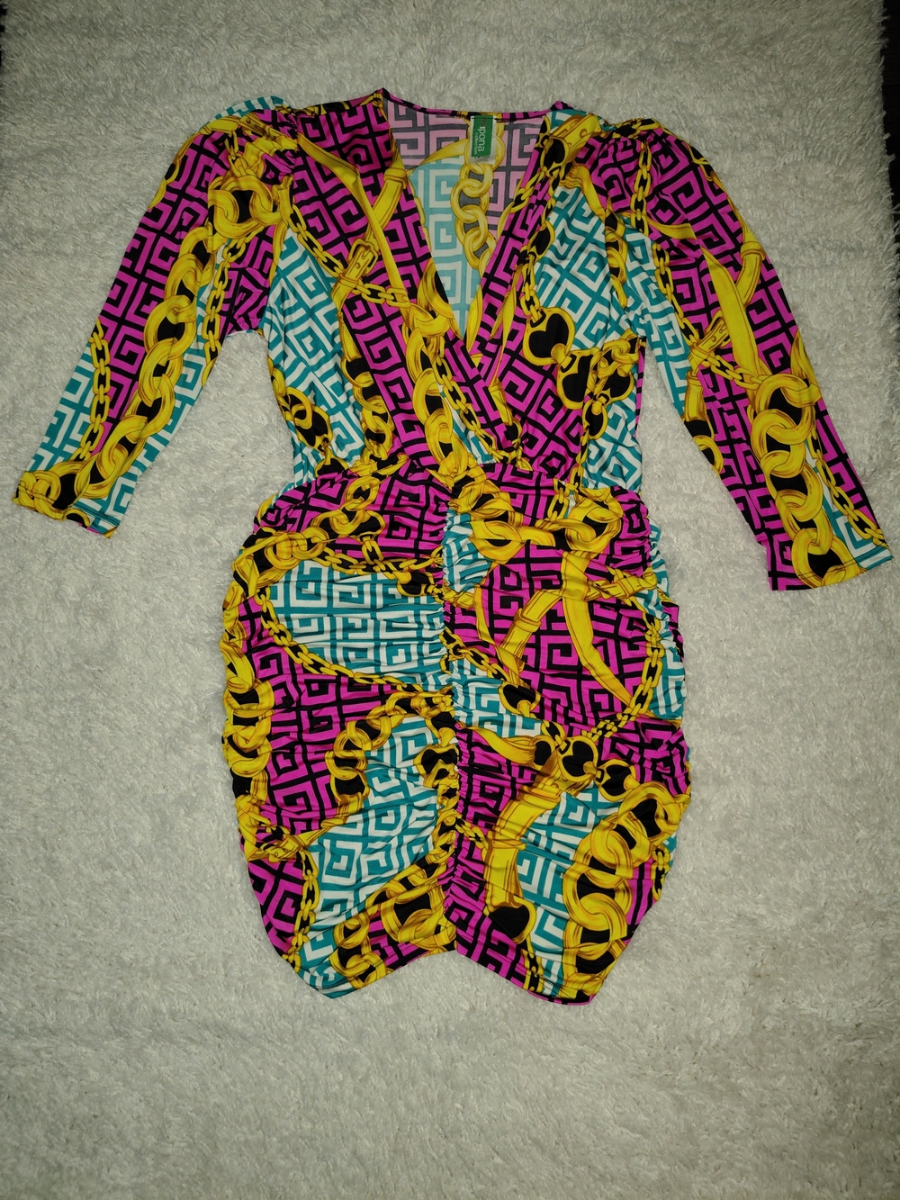 Bold Chain-Print Mini Dress in Pink, Teal & Yellow NWOT